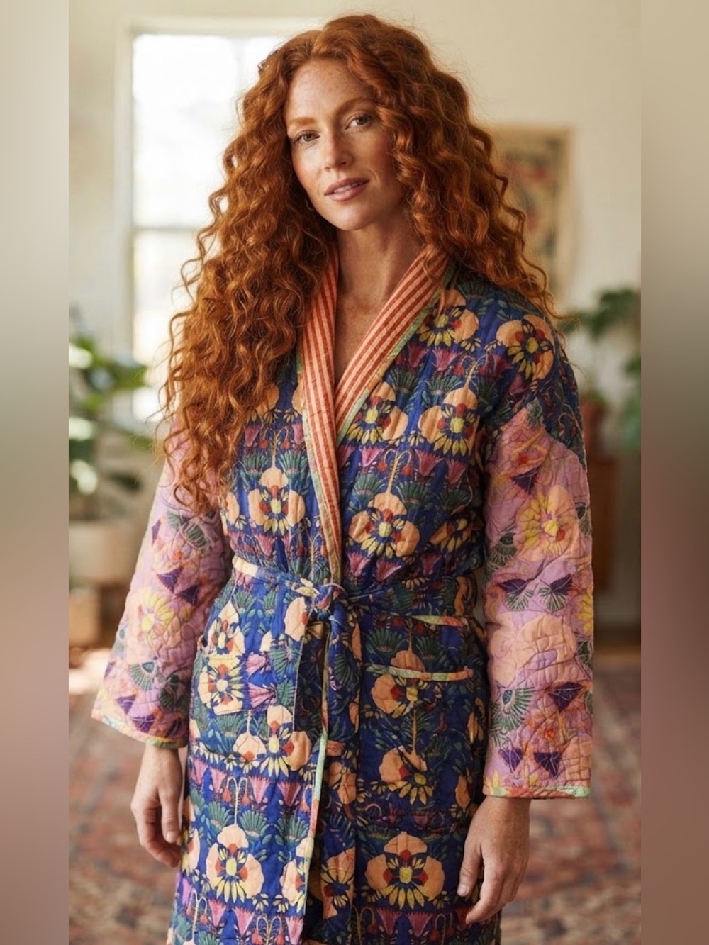 Anthropologie Quilted Floral Wrap Robe in Blue, Pink and Yellow